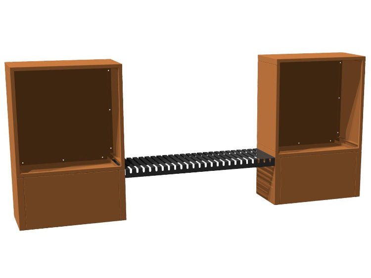 3D-visualisering av vedstativ i cortenstål med integrert sittebenk