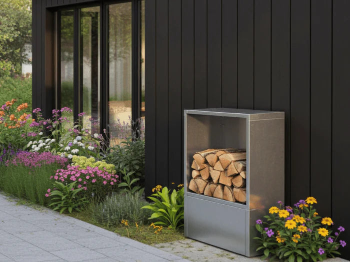 Vedstativ i galvanisert stål plassert i hage ved blomsterbed