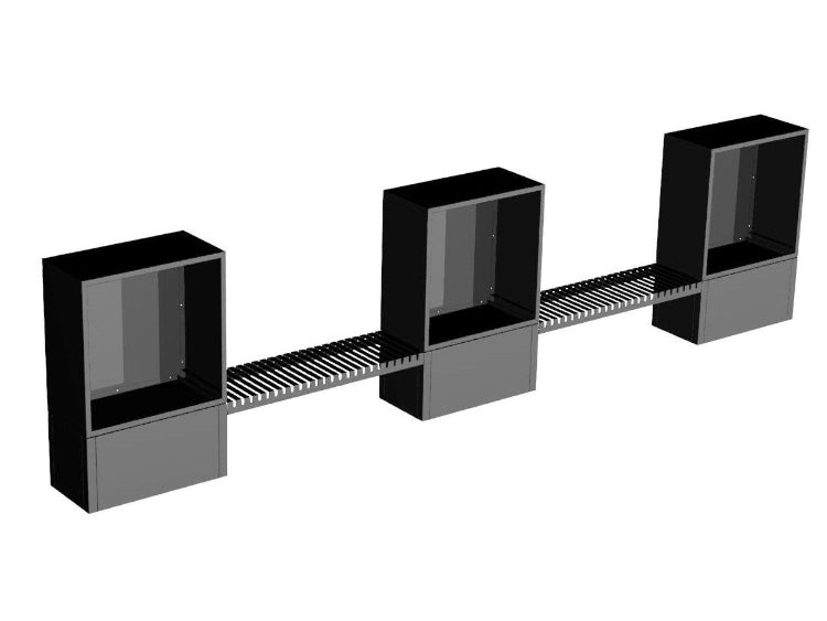 3D-visualisering av modulbasert vedoppbevaring i sort pulverlakkert stål med forbindelseselementer